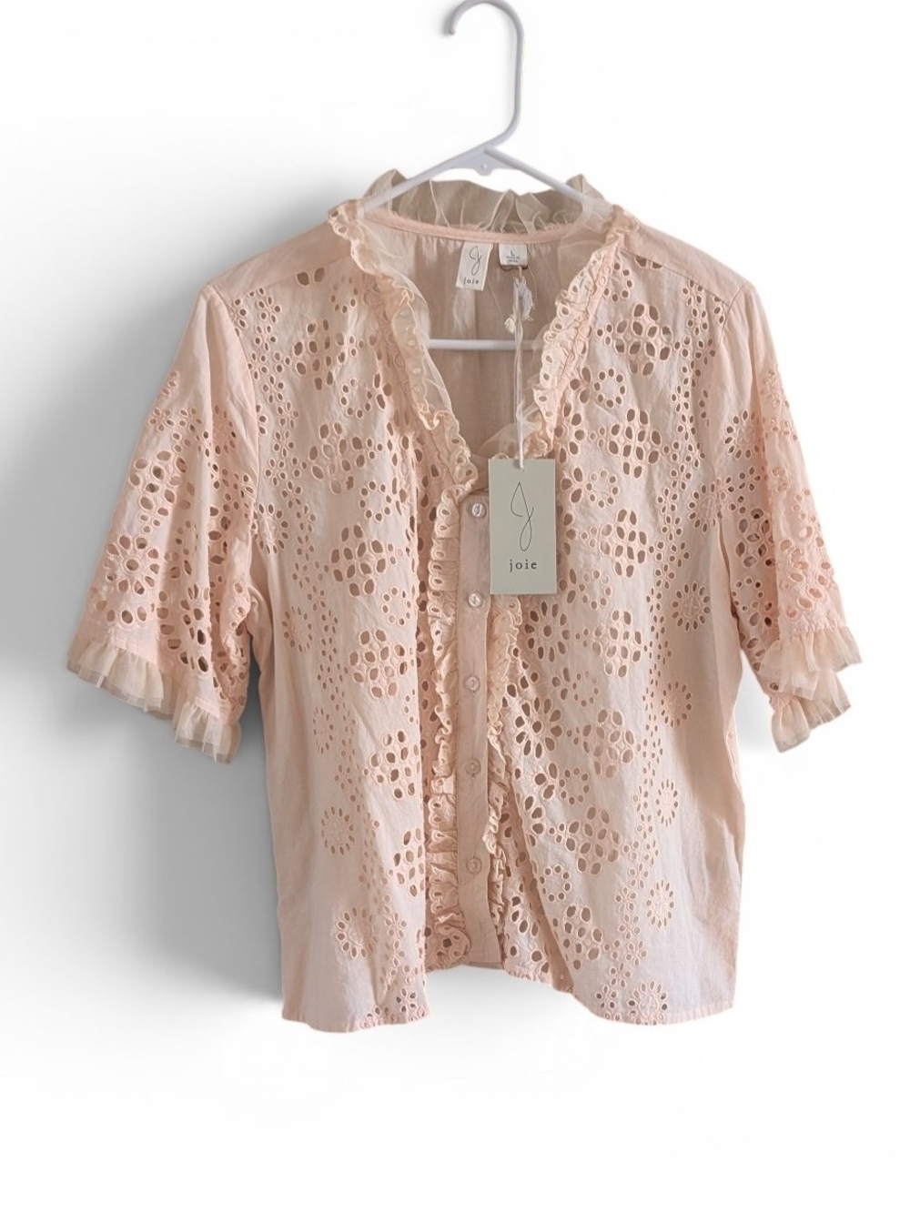 Joie NWT Cotton Eyelet Lace Ruffle Button Down Front Short Sleeve Blouse Top
